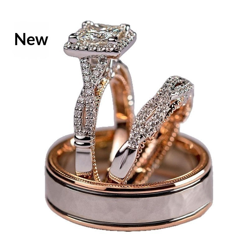 Green Hollow Rose Gold Three-Piece Diamond-Encrusted Zircon Ring Set