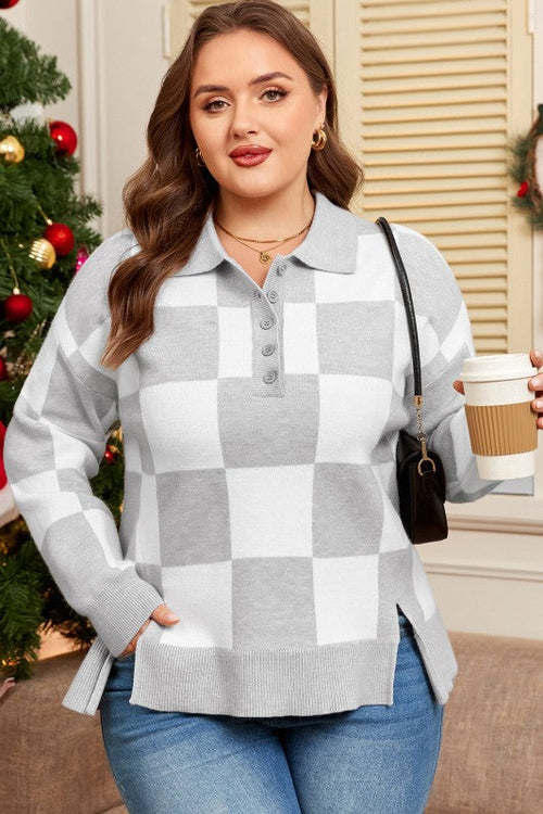Plus Size Checker Buttoned Polo Collar Sweater
