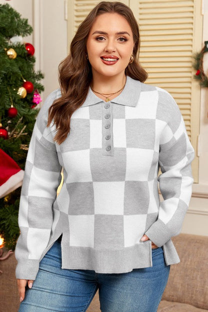 Plus Size Checker Buttoned Polo Collar Sweater