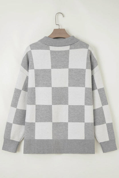 Plus Size Checker Buttoned Polo Collar Sweater