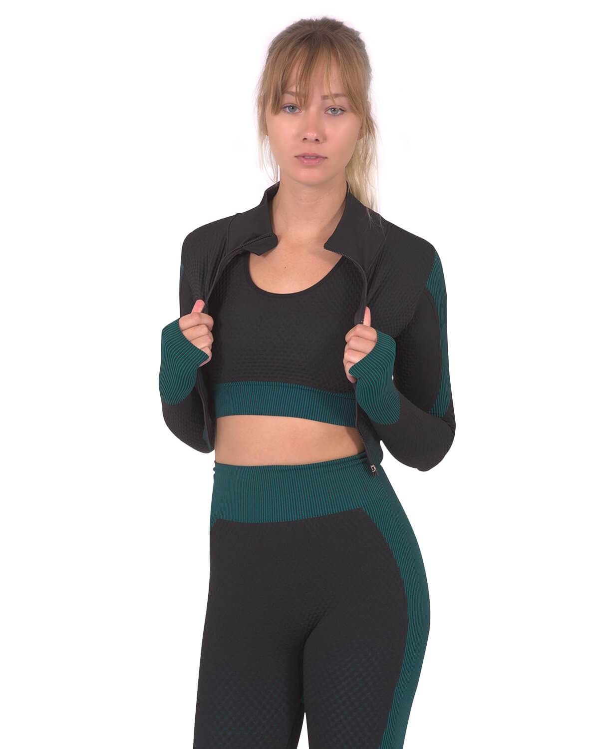Trois Seamless Sports Jacket - Black with Blue worn by model showcasing stylish activewear.