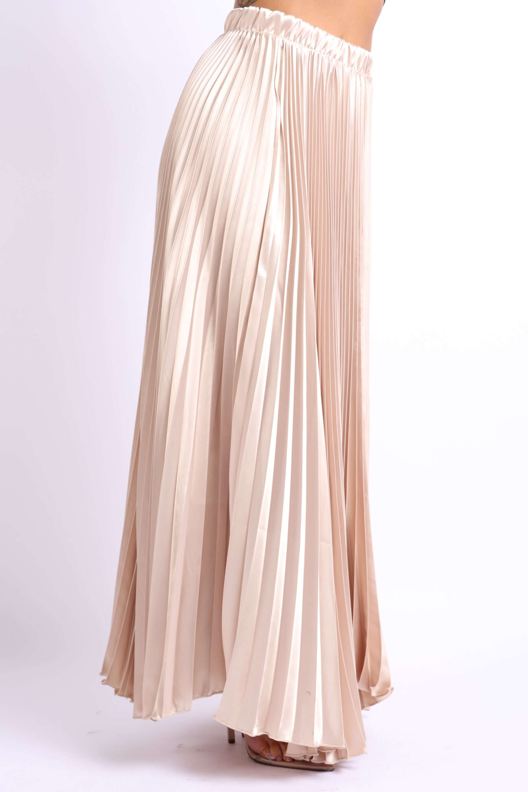 Elastic High Waist A-Line Pleated Satin Maxi Skirt Formal Prom TAUPE in elegant taupe satin fabric, flowing pleats and high waist design.