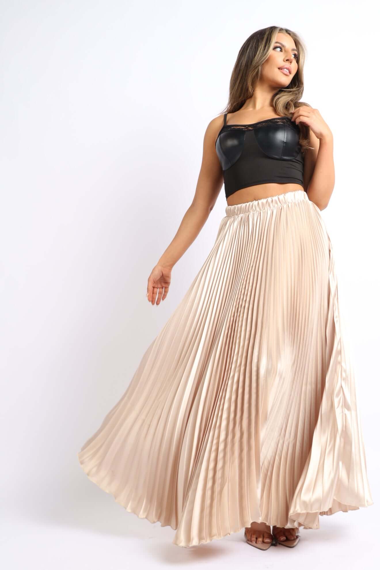 Elastic High Waist A-Line Pleated Satin Maxi Skirt Formal Prom TAUPE, showcasing flowy elegance and classic style.