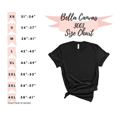 Stuffed With A Baby T-shirt size chart for Bella Canvas 3007 with measurement guide.