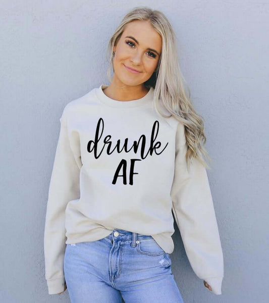 Model wearing a stylish Drunk AF Sweatshirt with a crew neck and relaxed fit, perfect for casual wear.