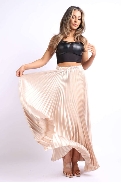 Elastic High Waist A-Line Pleated Satin Maxi Skirt Formal Prom TAUPE displayed by model, showcasing flowy elegance.