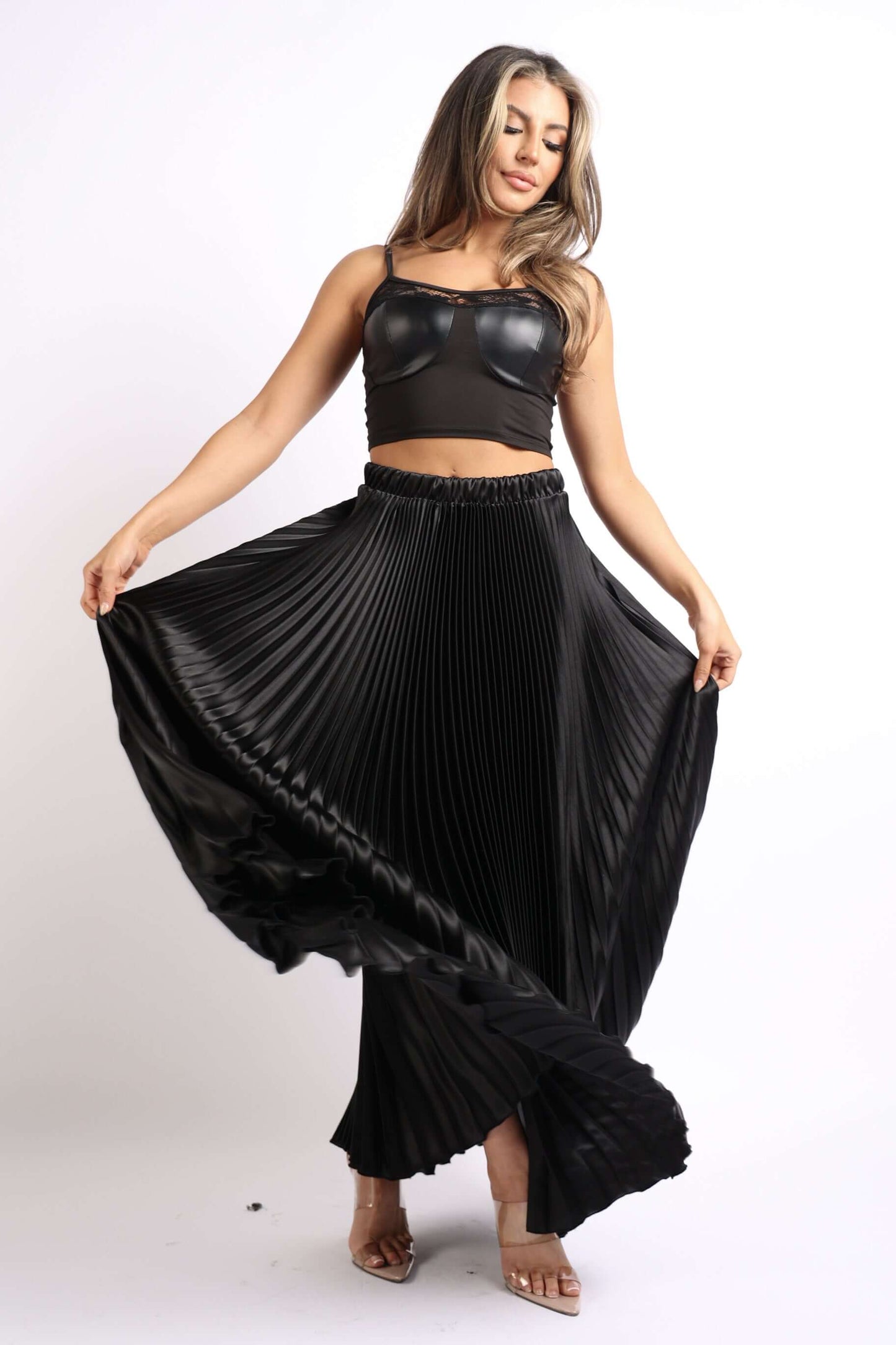 Elastic High Waist A-Line Pleated Satin Maxi Skirt Formal Prom BLACK worn by model, showcasing elegance and flow.