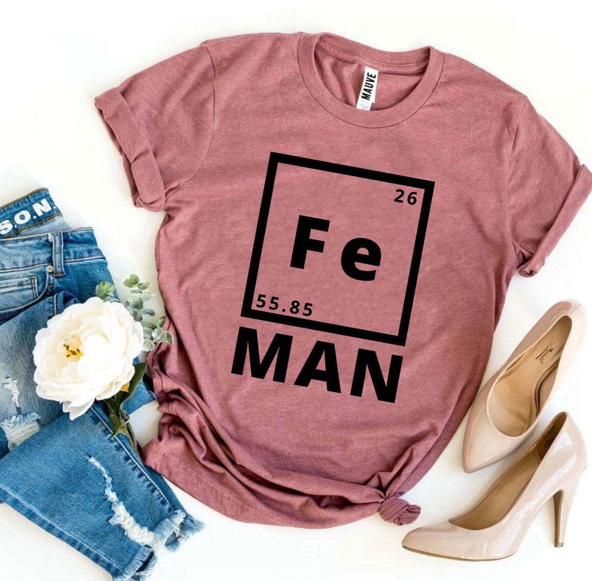 Iron Man T-shirt featuring stylish Fe element graphic on soft pink fabric, perfect for casual wear.