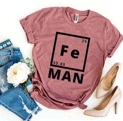 Iron Man T-shirt featuring stylish Fe element graphic on soft pink fabric, perfect for casual wear.