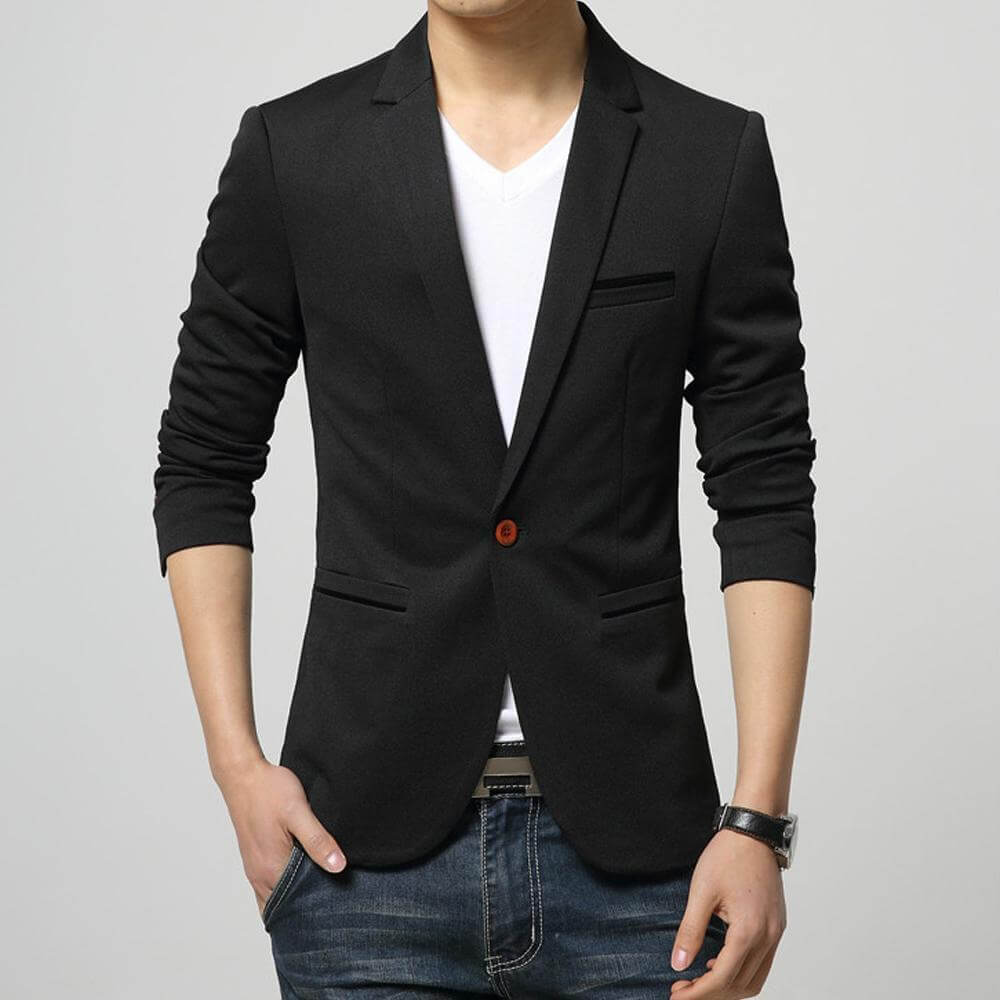 Mens One Button Slim Fit Blazer worn by a man with a white T-shirt and casual jeans.