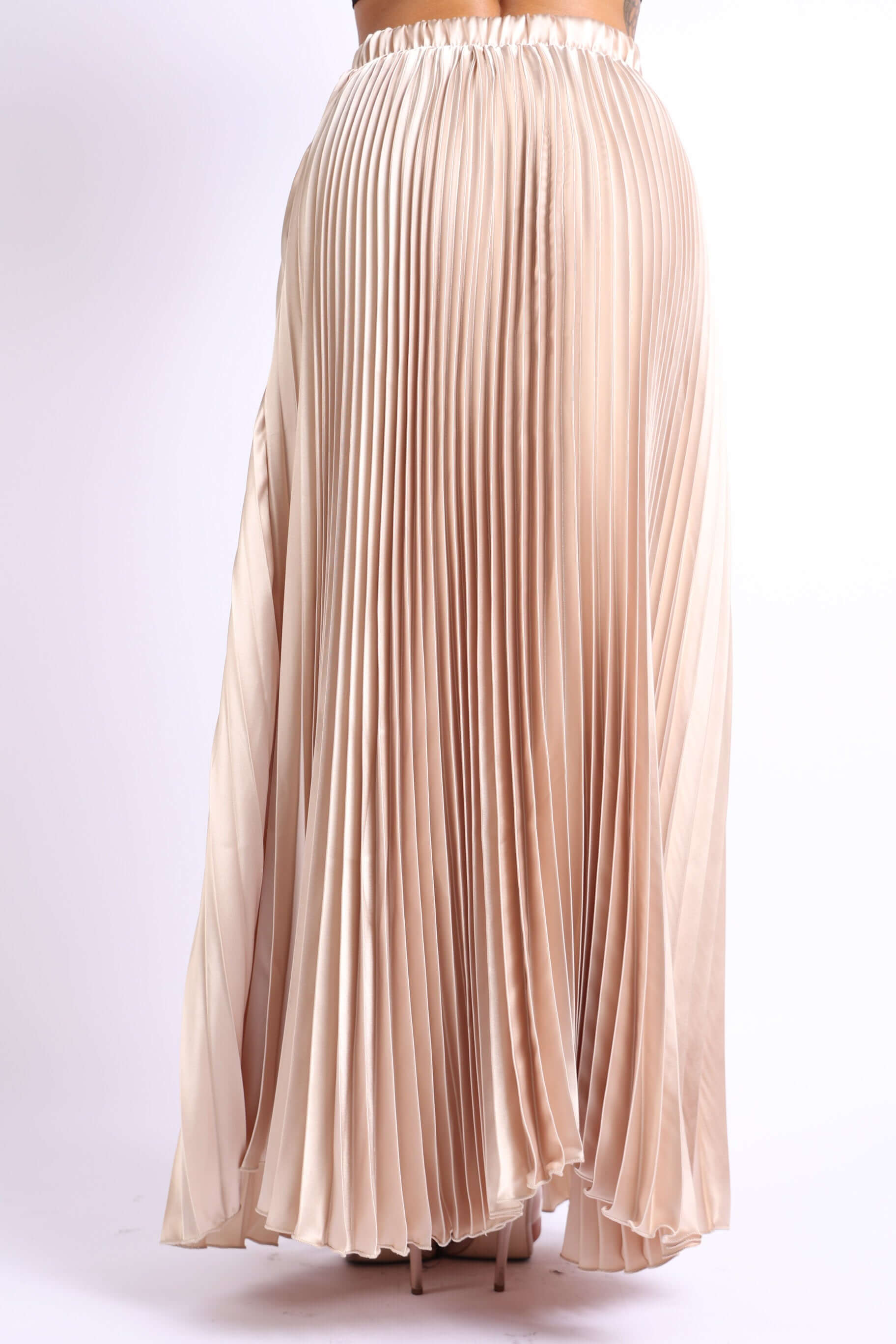 Elastic High Waist A-Line Pleated Satin Maxi Skirt Formal Prom TAUPE, showcasing elegant pleats and luxurious satin fabric.