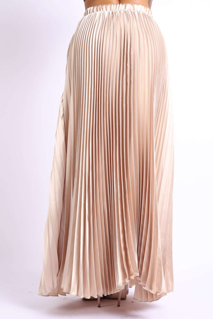 Elastic High Waist A-Line Pleated Satin Maxi Skirt Formal Prom TAUPE, showcasing elegant pleats and luxurious satin fabric.