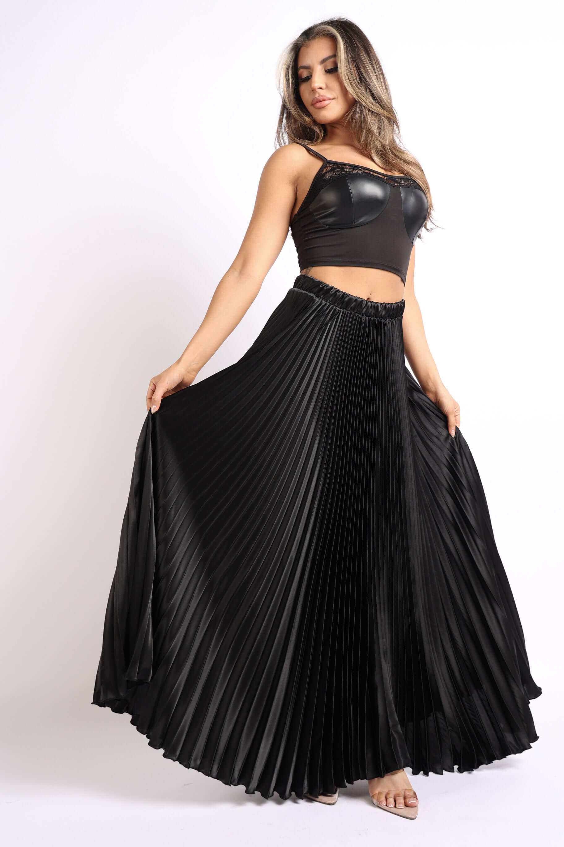 Elastic High Waist A-Line Pleated Satin Maxi Skirt Formal Prom BLACK worn by a model, showcasing its elegant flow and pleats.