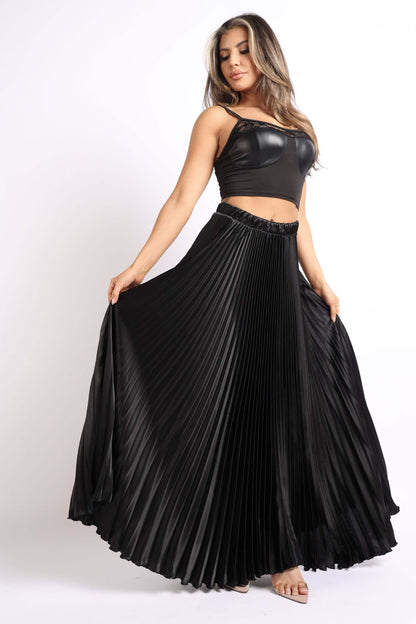 Elastic High Waist A-Line Pleated Satin Maxi Skirt Formal Prom BLACK worn by a model, showcasing its elegant flow and pleats.