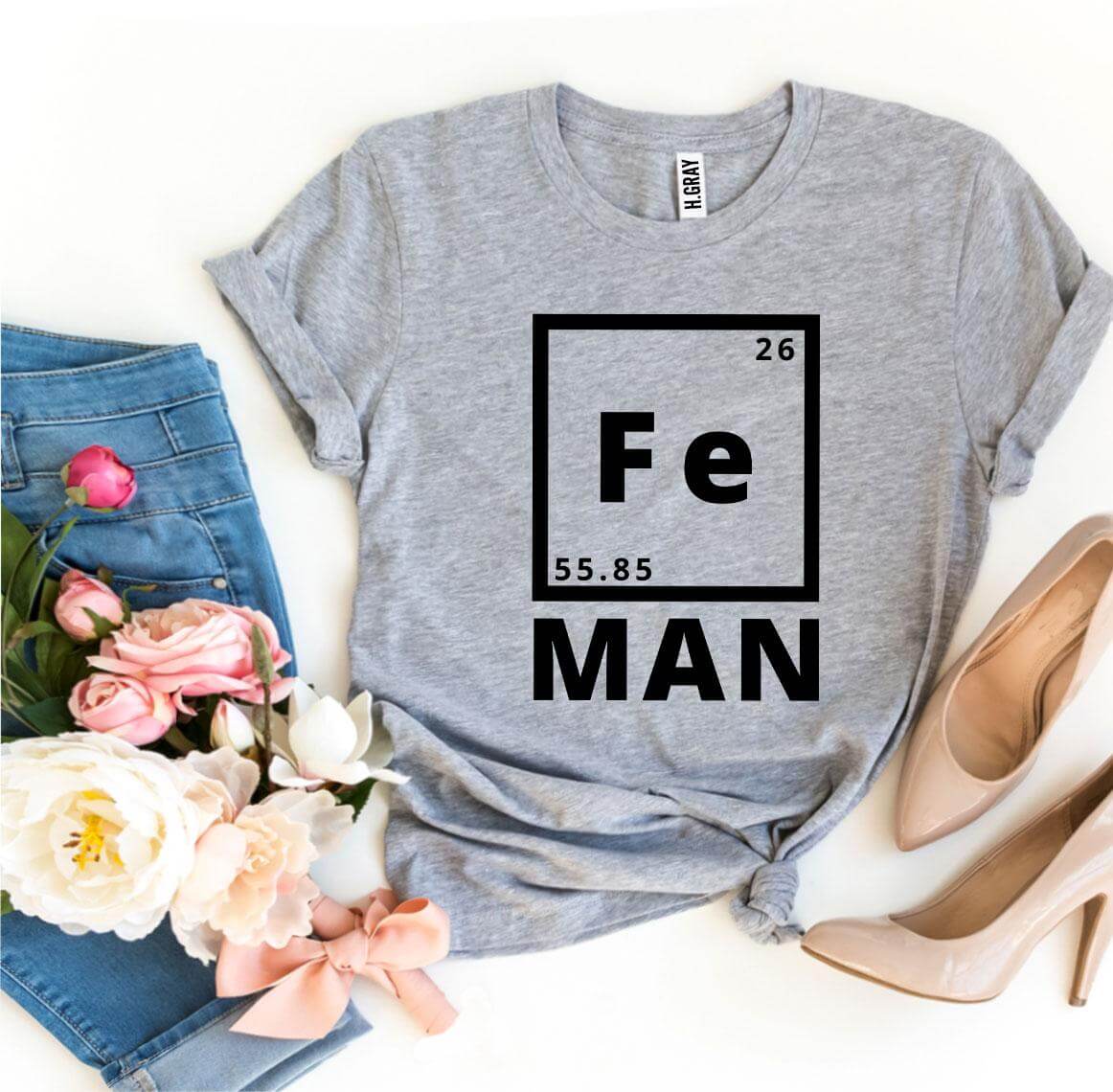 Iron Man T-shirt featuring a stylish front design with Fe element and MAN text, perfect for casual wear.
