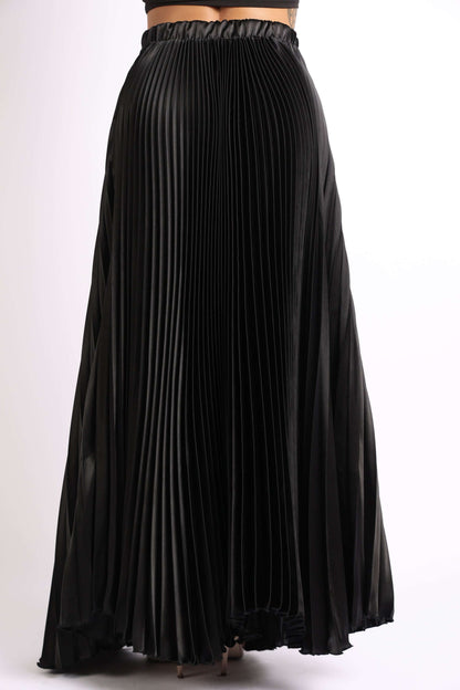 Elastic High Waist A-Line Pleated Satin Maxi Skirt Formal Prom BLACK showcasing pleated design and elegant flow.