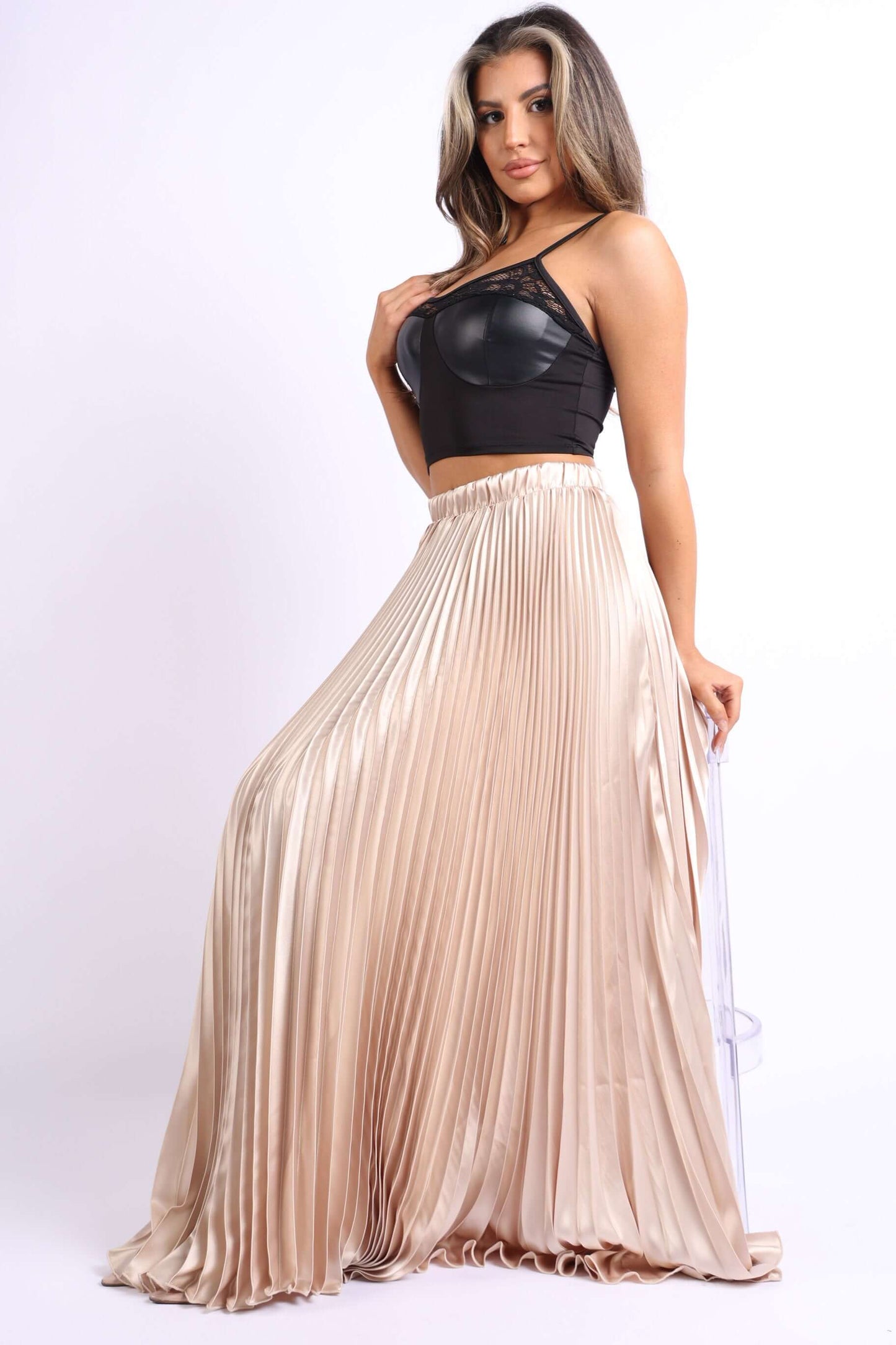 Elastic High Waist A-Line Pleated Satin Maxi Skirt Formal Prom TAUPE styled with a chic crop top, showcasing elegant flow.