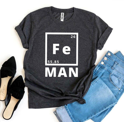 Stylish Iron Man T-shirt made of premium cotton with soft feel and comfortable fit, featuring a unique Fe MAN graphic.