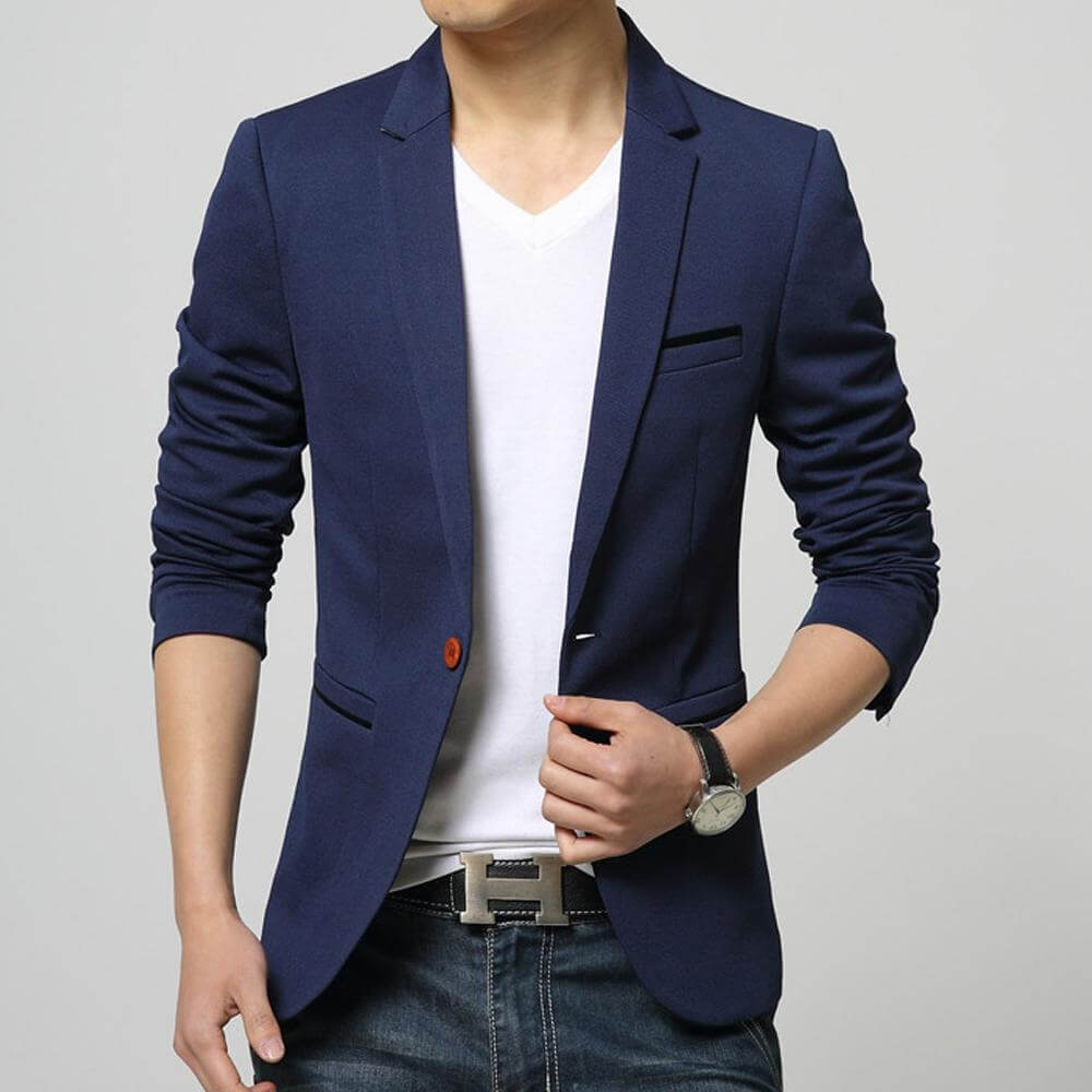Mens One Button Slim Fit Blazer worn by model, perfect for smart-casual and semi-formal occasions.
