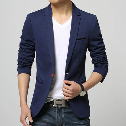 Mens One Button Slim Fit Blazer worn by model, perfect for smart-casual and semi-formal occasions.