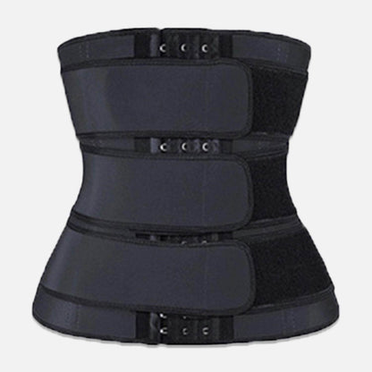 THREE BELT women waist trainer to lose weight while working out in black neoprene material.