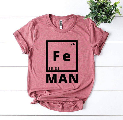 Iron Man T-shirt featuring periodic table design with Fe and MAN in bold black print on a red t-shirt.