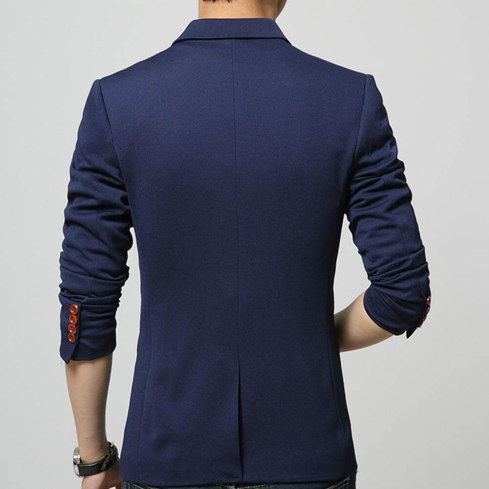 Mens One Button Slim Fit Blazer back view showcasing elegant design and tailored fit.