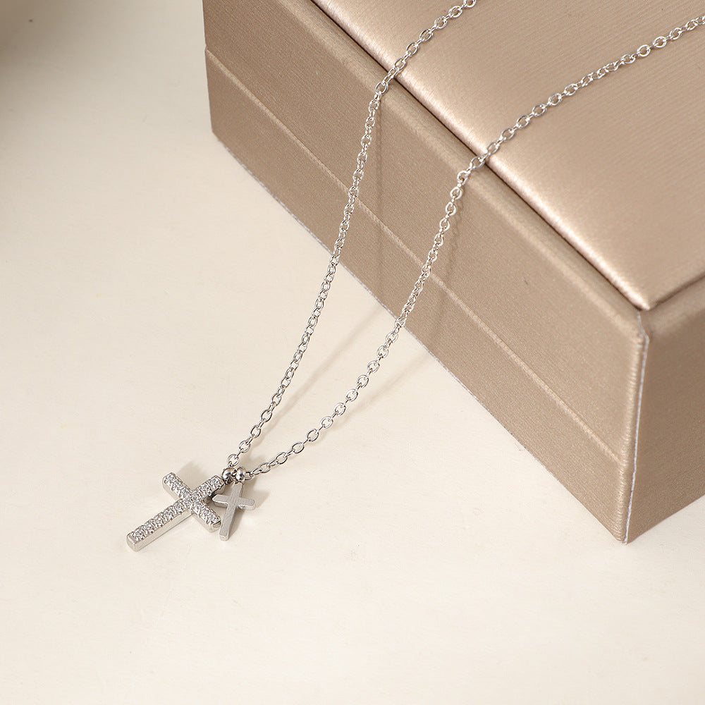 Titanium Steel Diamond-studded Cross Necklace