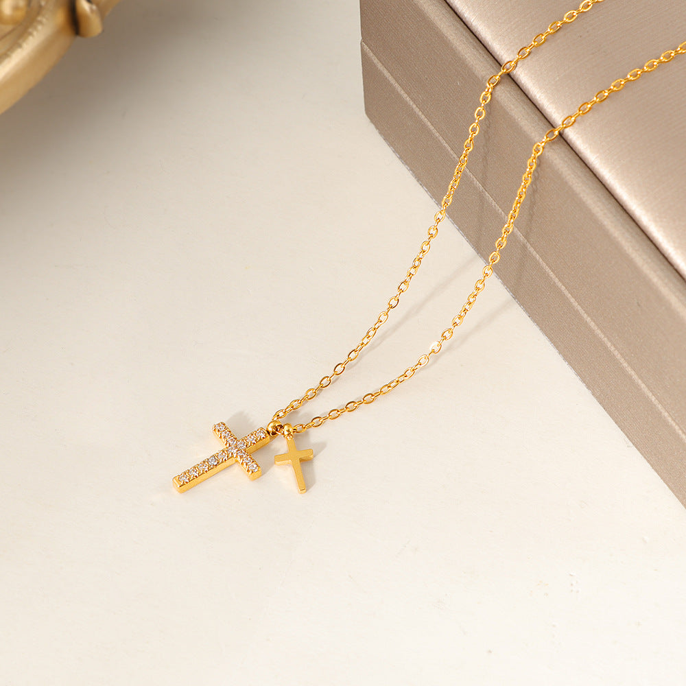Titanium Steel Diamond-studded Cross Necklace