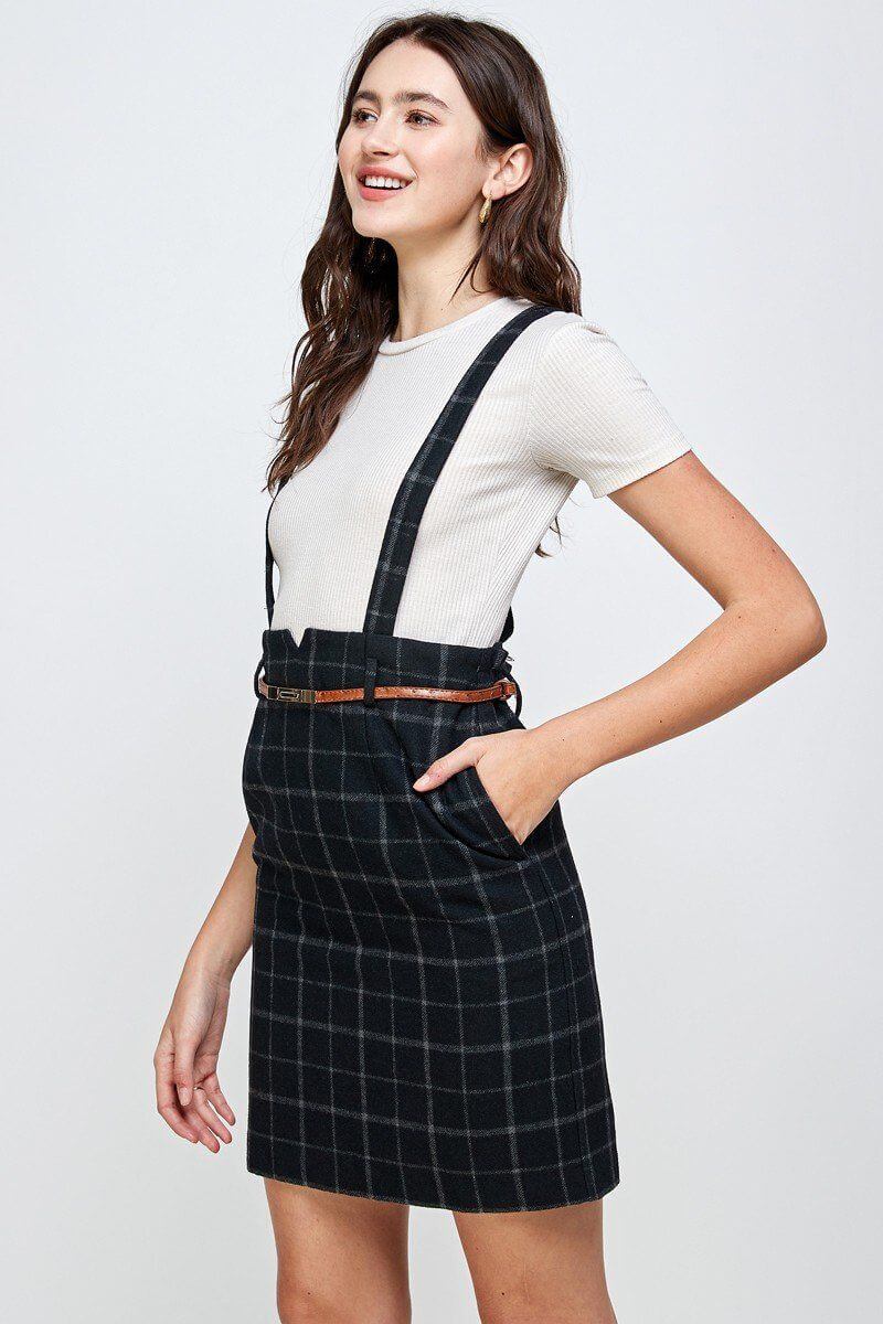 Plaid Suspender Skirt with Belt Detail, stylish design featuring structured fit and classic plaid pattern.