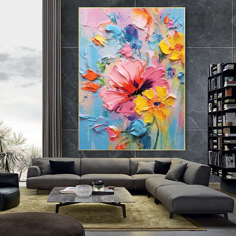 Colorful Spring Hand Painted Flower Oil Painting With Thick Texture Palette Knife Technique Contemporary Art Home Decor Canvas Wall Pictures