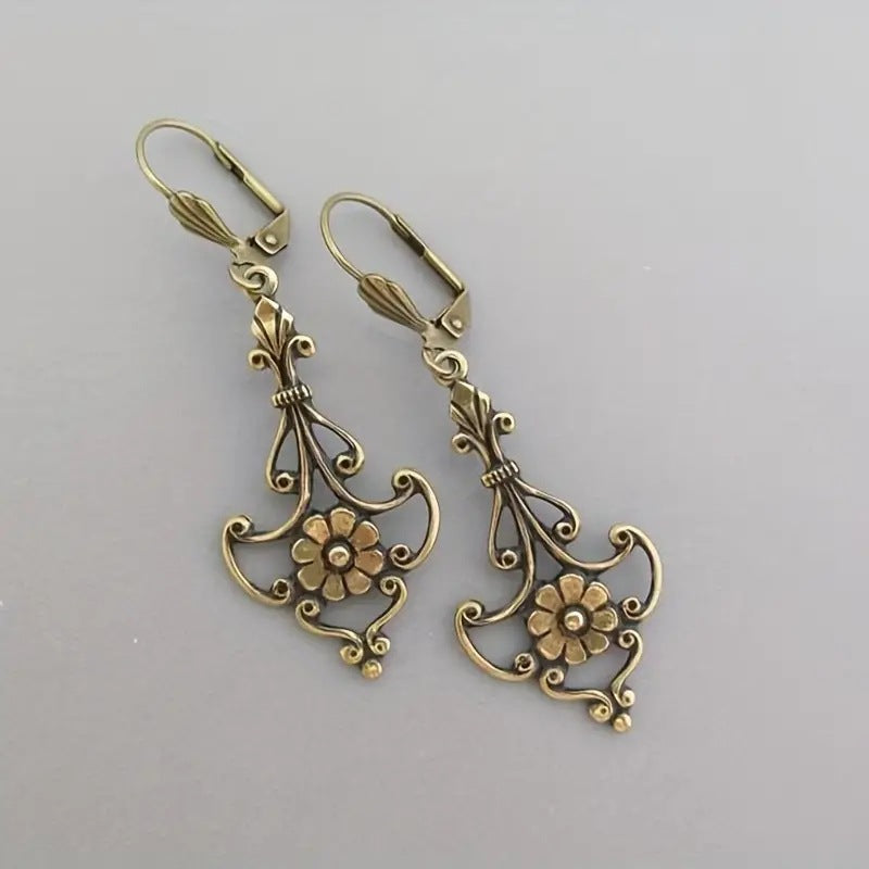 Southeast Asian Bronze-Color Carved Floral Womens Retro Fashion Earrings