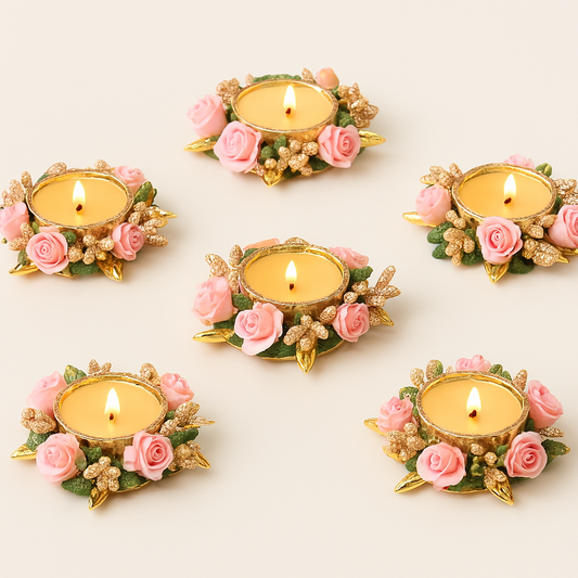 Decorative Tealight Candle Holders with Pink Roses & Gold Accents