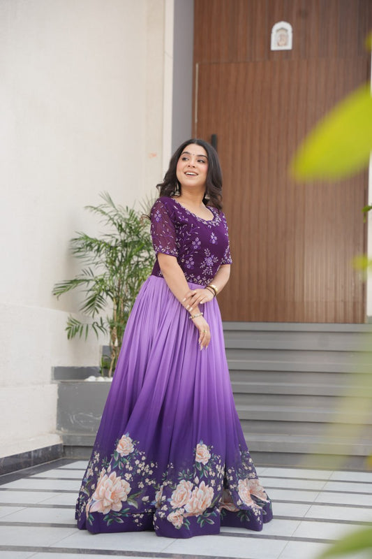Women's Floral Gradient Pleated Dress – Purple Short Sleeve-M