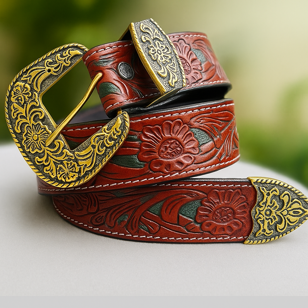Handcrafted Floral Embossed Leather Belt for Men with Gold-Finish