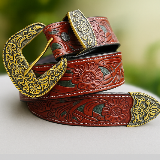 Handcrafted Floral Embossed Leather Belt for Men with Gold-Finish