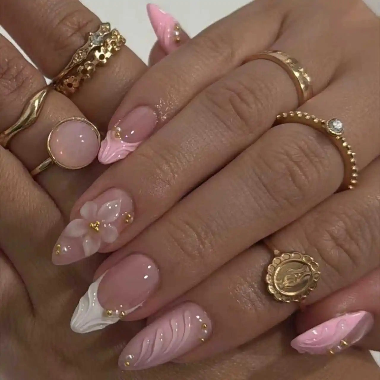 3D Flower French Tip Pink Almond Press On Nails – Handmade Pearl Bead Set | sNails Nails
