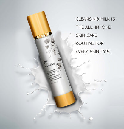 Cleansing Milk for Face and Eyes product in a splash, ideal for all skin types and gentle makeup removal.