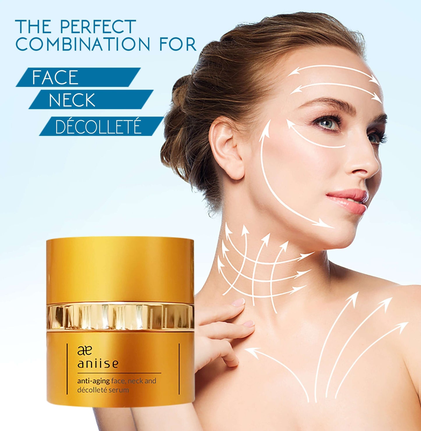 Aniise anti-aging face neck and decollete serum in a golden container for rejuvenation and hydration.