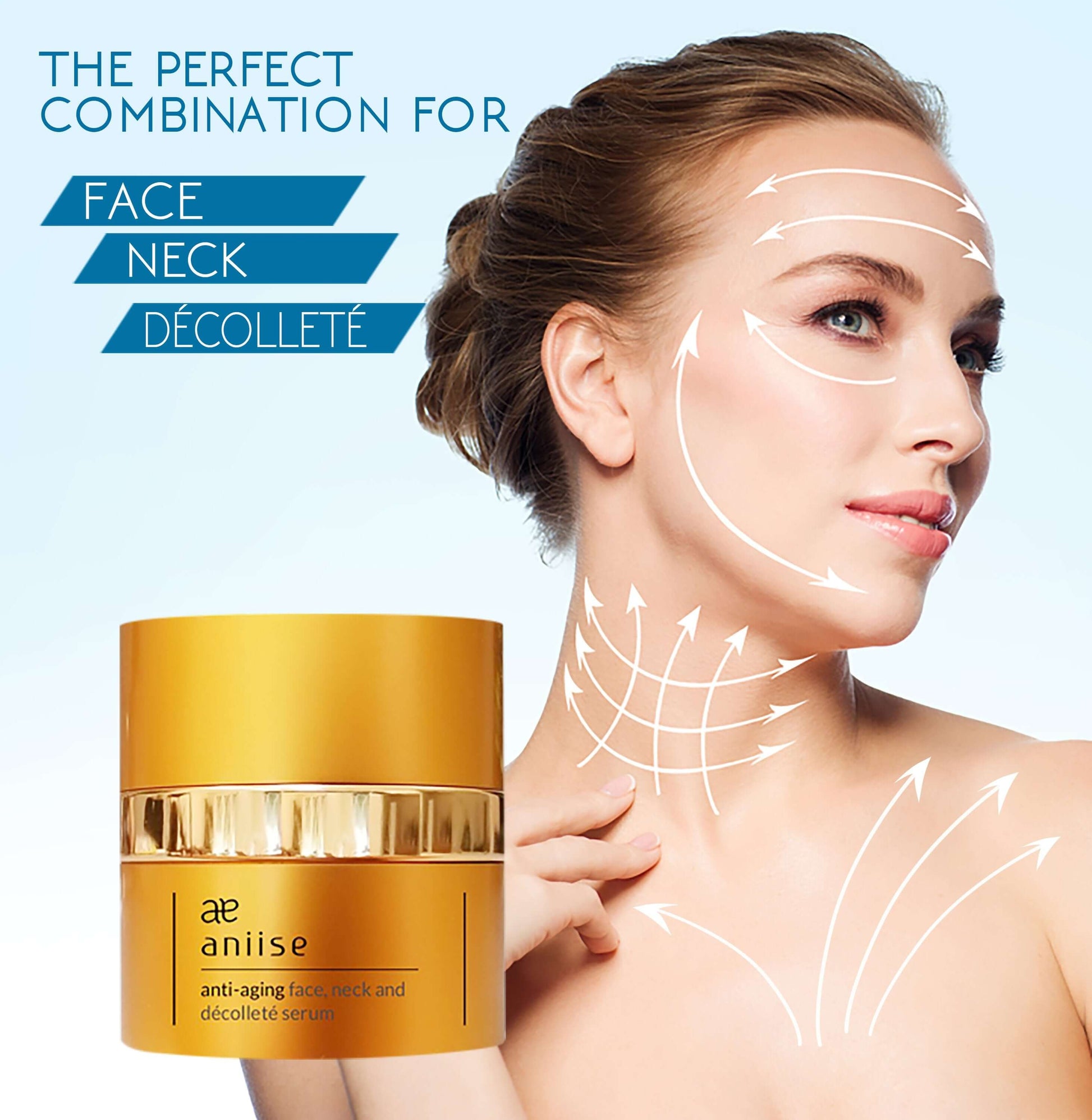 Aniise anti-aging face neck and decollete serum in a golden container for rejuvenation and hydration.