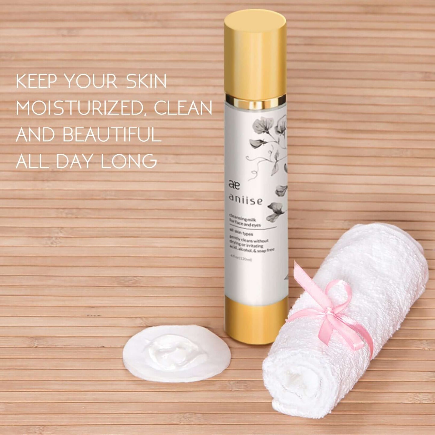 Cleansing Milk for Face and Eyes bottle with towel, keeps skin moisturized, clean and beautiful all day.