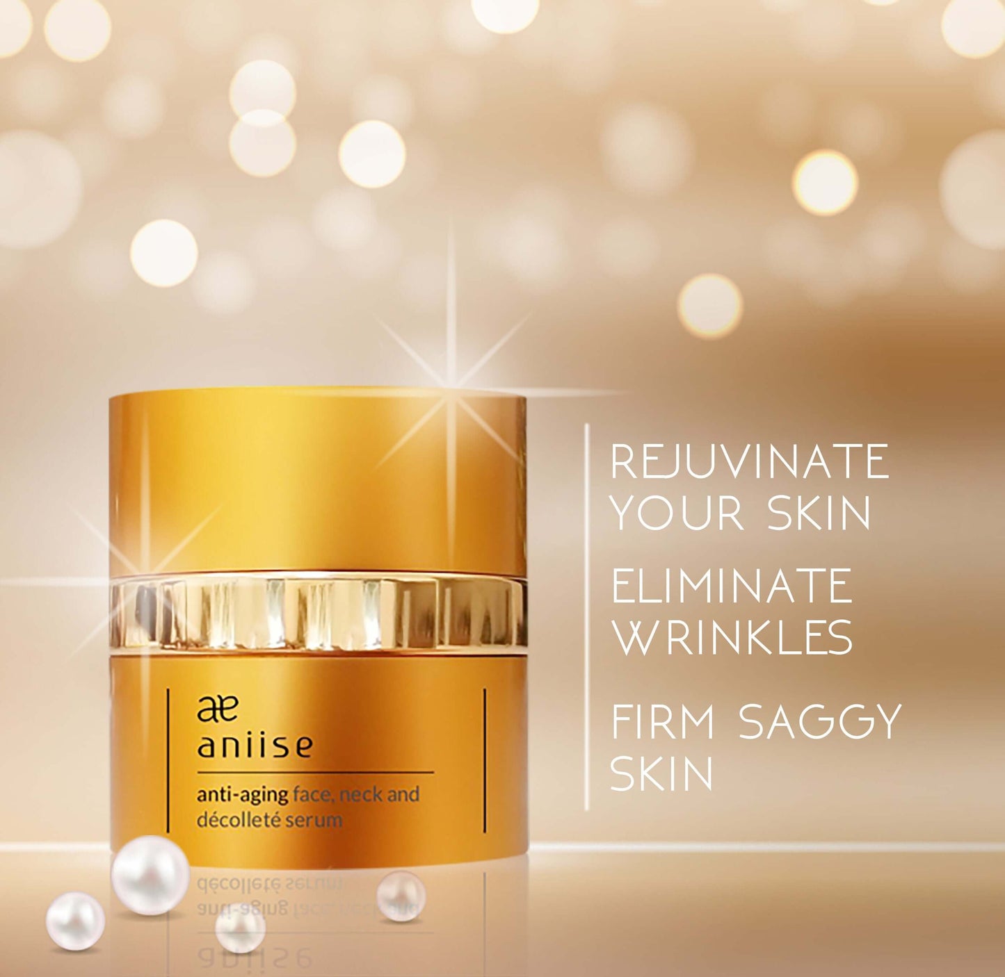 Aniise anti-aging face neck and decollete serum in a golden container for rejuvenation and hydration.