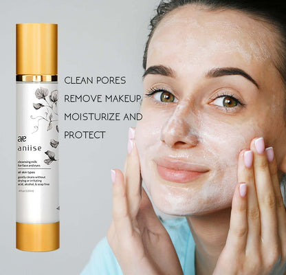 Cleansing Milk for Face and Eyes, paraben-free formula, removes makeup, moisturizes and protects skin.