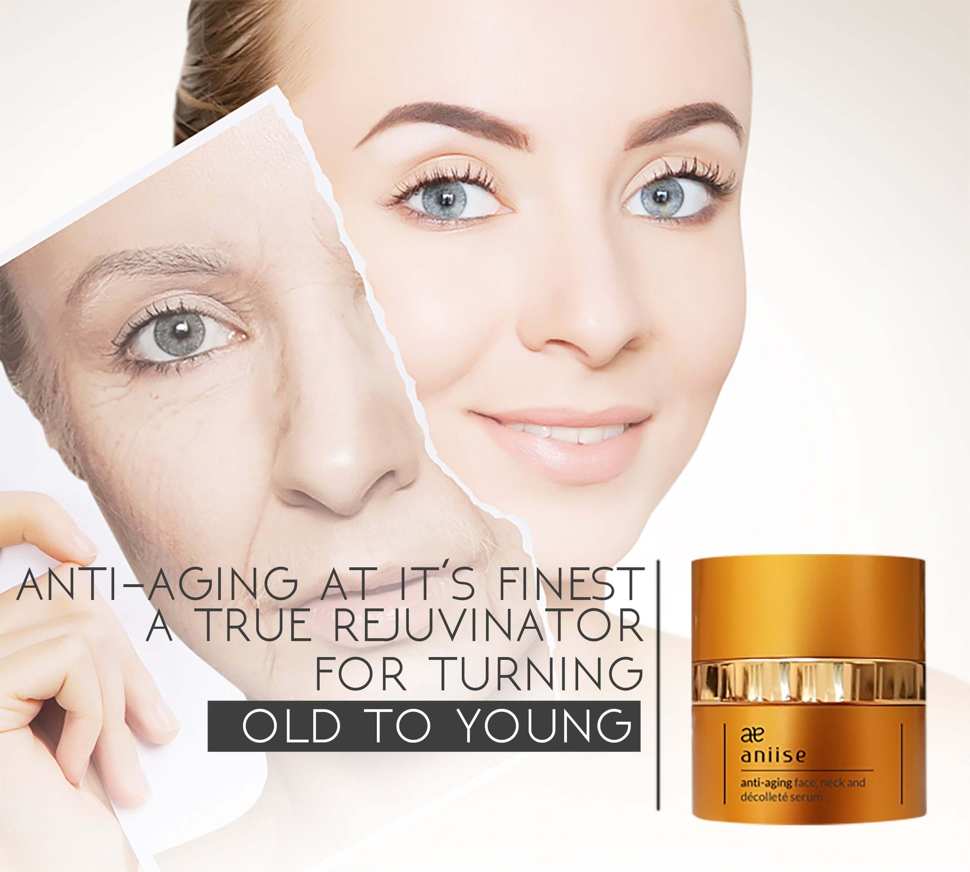 Aniise anti-aging face neck and decollete serum in a golden container for rejuvenation and hydration.