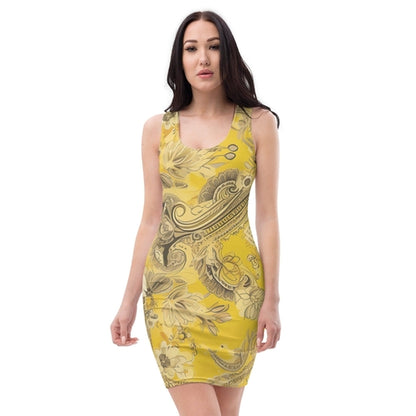 Womens Stretch Fit Bodycon Dress - Floral Yellow Bandanna Print